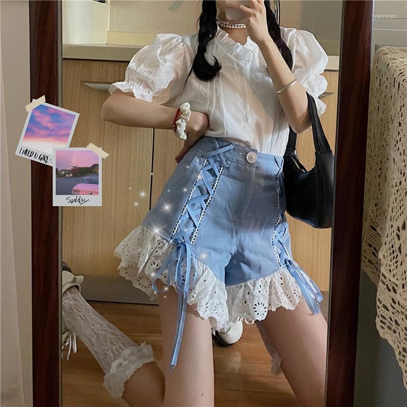 

Women' Shorts Women' Summer Sweet Lovely Teen Girls Jeans Casual Japanese Kawaii Lolita Lace Up Wide Leg Loose High-waist Pants, Sky blue