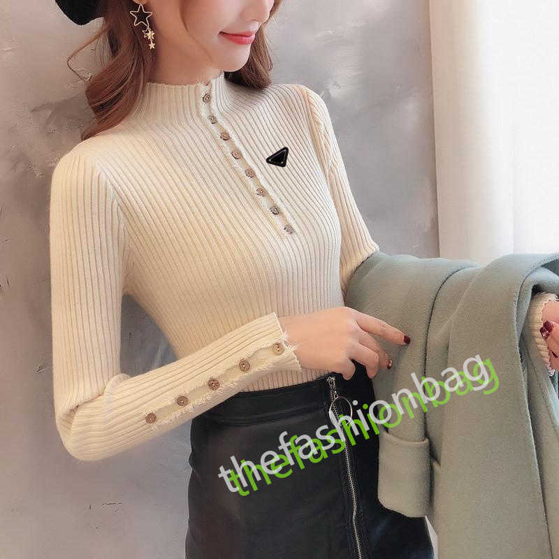 

Women's Sweaters Half High Collar Slim Fit Knitted Pullovers Women Long Sleeved Tight Fitting Knit Top Ladies Casual Button SweaterWomen's, Photo color
