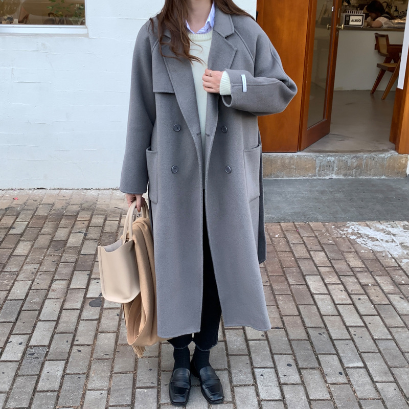 

2022 Women' Wool & Blends official Woolen Coat Turn Down Collar Long Sleeve Fashion Coat WIth Belt Casaco Feminino BS111, Black