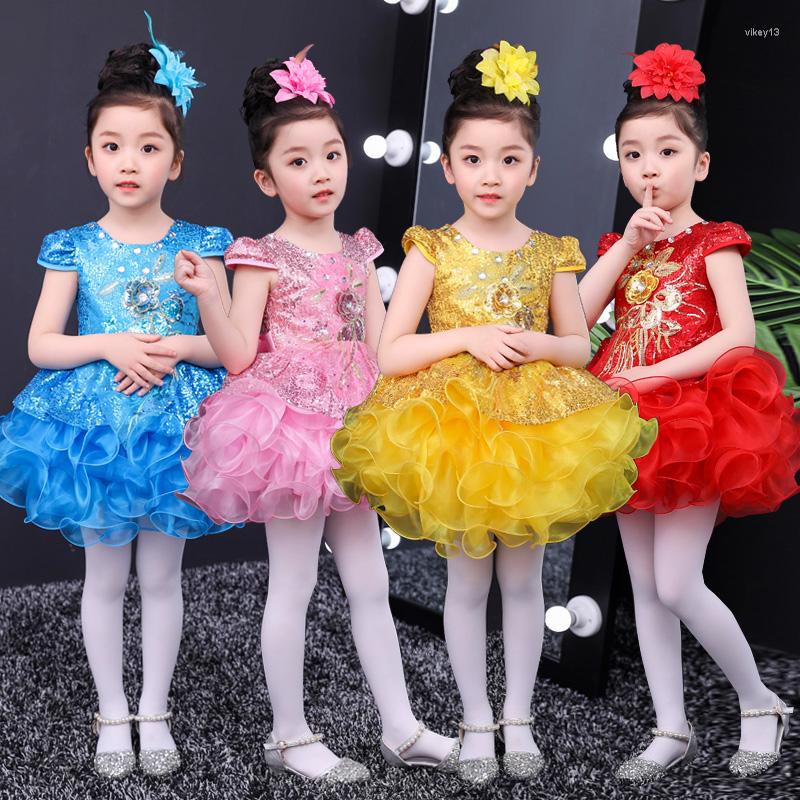 

Stage Wear 4 Colors Girl Princess Dance Dress Ballroom Party Sequined Choir Performance Clothes Thick Disorderly Yarn Dancing Outfits, Red