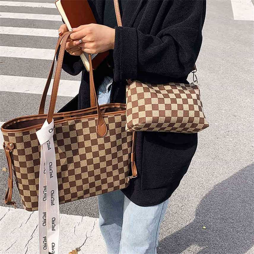 

Bags version popular canvas large capacity mother and son bag autumn new check Tote Bag one shoulder armpit Purses, Black