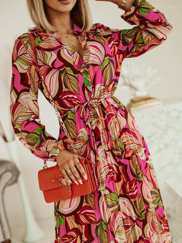 

Casual Dresses Fashion Women Long Sleeve Dress Elegant Tie-up Waist Button Pleated Shirt Sexy V Neck Print Chiffon Boho Beach Party, 01 blue