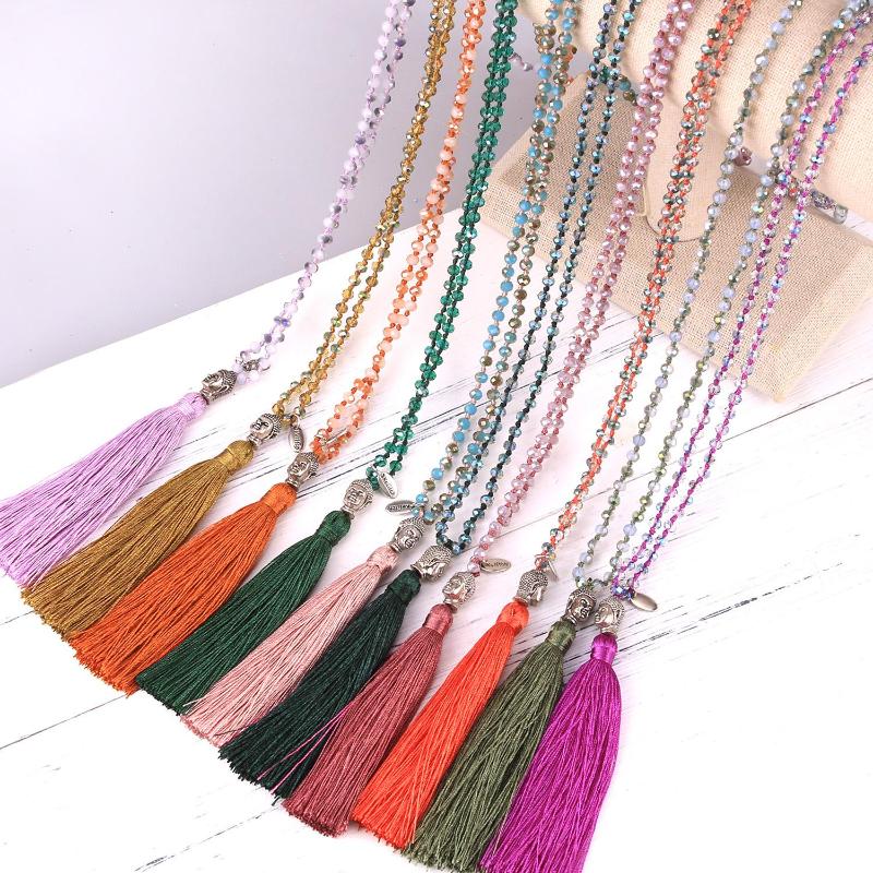 

Pendant Necklaces KELITCH Fashion Women Jewelry Vintage Ethnic Buddha Necklace Crystal Beaded Tassel Handmade Chain Wholesale
