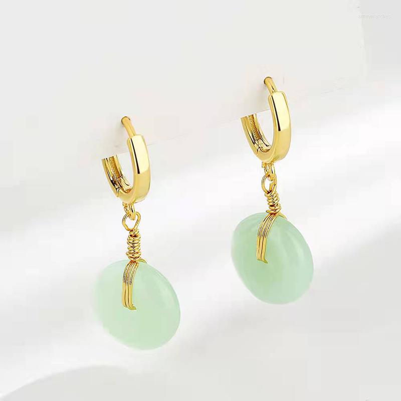 

Hoop Earrings Fine Piercing Jewelry Round Green Stone Drop Fashion Retro Handmade Golden Ear Studs For Women Wedding Anniversary Gift