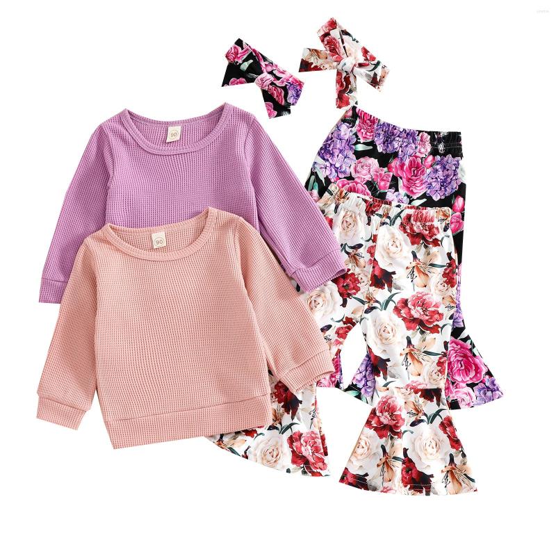 

Clothing Sets Infant Kids Baby Girl Pants Suits Solid Color Long-sleeved Waffle Tops Floral Bell Bottom Headband 1-5T, Purple