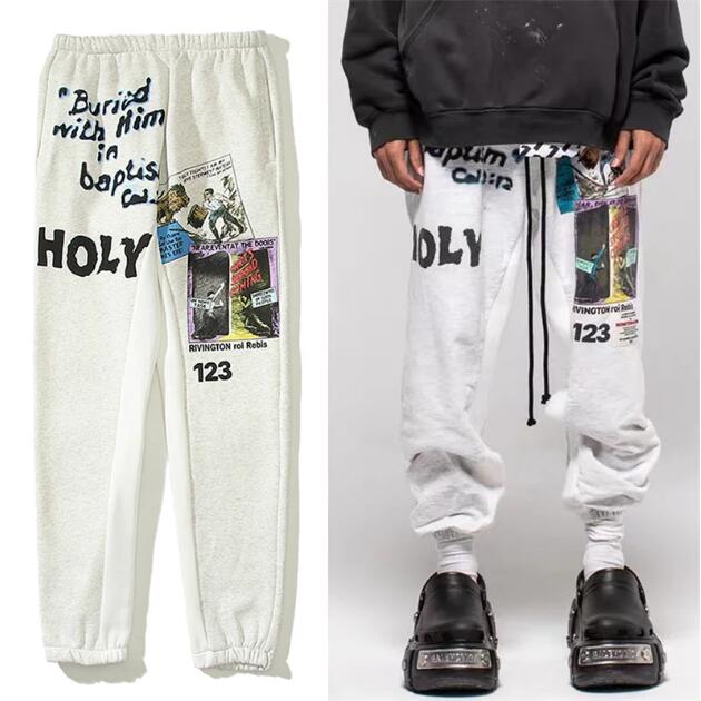 

Graffiti Print High Street Distressed Vintage Pants Men's Plus Size Casual Pants, Grey