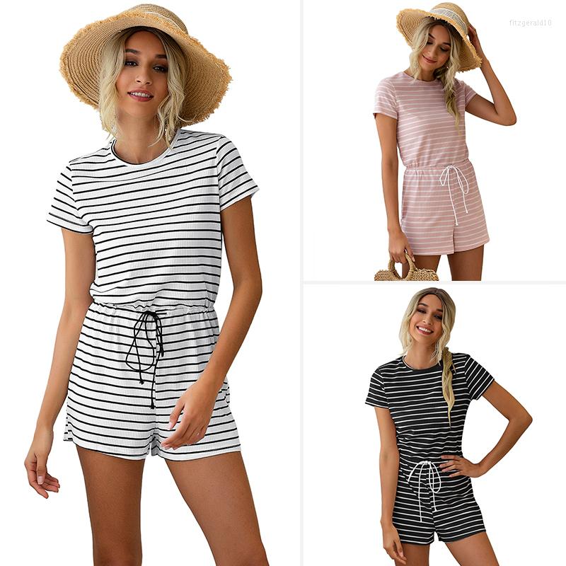 

Women' Tracksuits Women Striped Jumpsuits Shorts Girls Round Neck Home Leisure Summer Beach Party Playsuits Female Rompers, Black