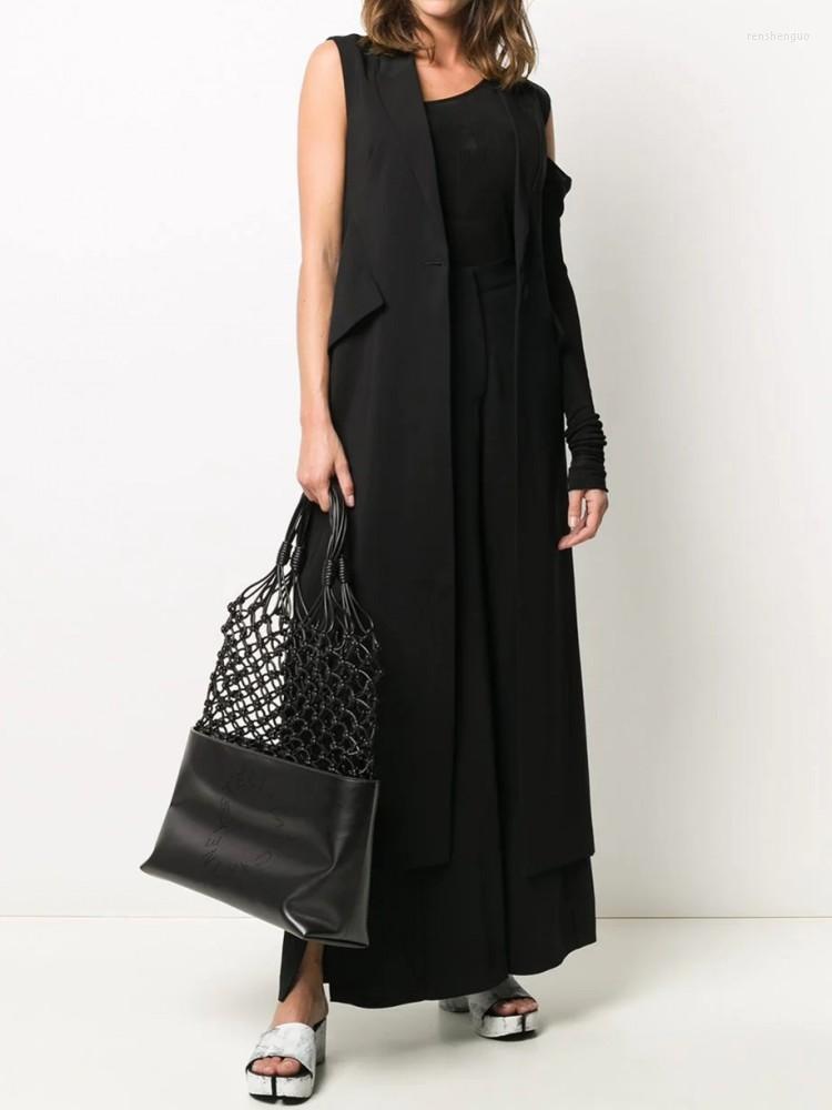 

Women' Vests British Style Summer Waistcoat For Women' One Button Slim Split Turn Down Collar Long Vest Coat Black All-match Overcoat