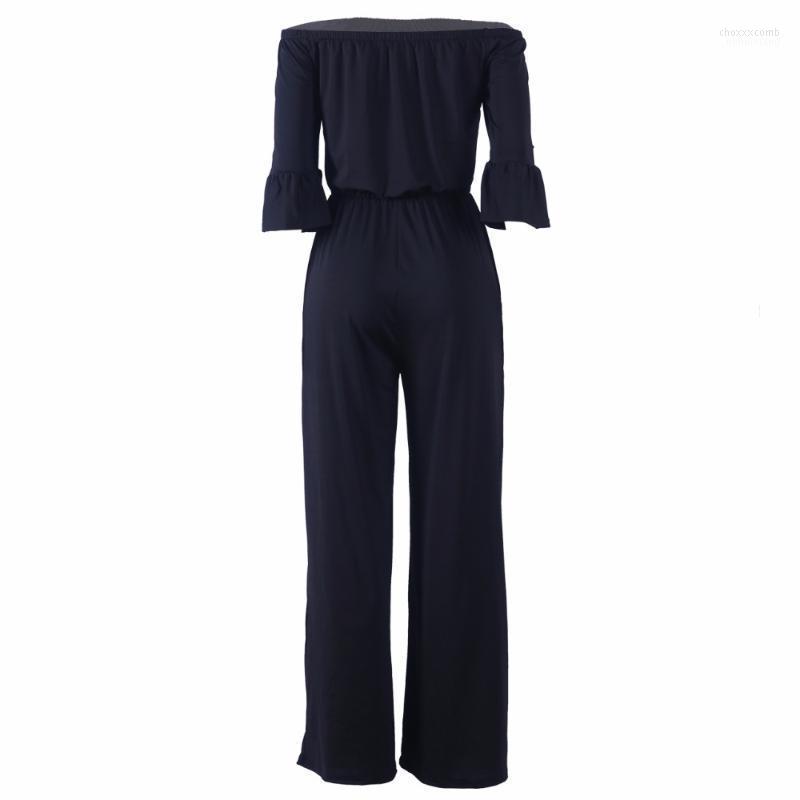 

Women' Jumpsuits Women' & Rompers Dreamskull Fashion Off-shoulder Ruffled Sleeve Solid Wide Leg Long Pants Romper, Black