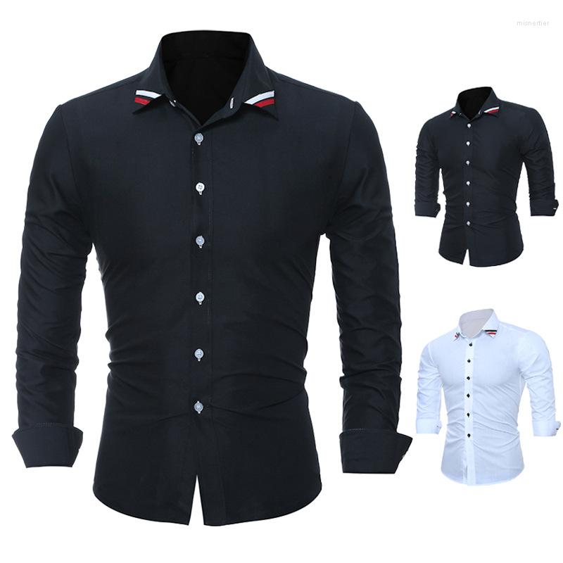 

Men's Casual Shirts Men's Shirt Long Sleeve Turn Down Collar Solid Color Cardigan Single-Breasted Webbing Patchwork Slim Tops, Black