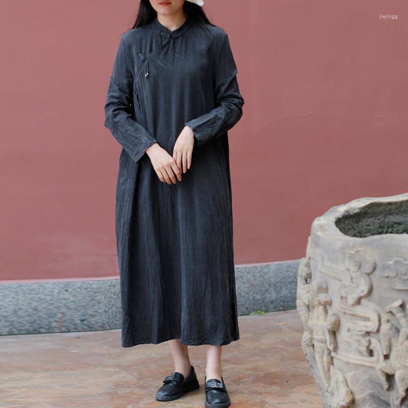

Casual Dresses Johnature Women Fall Long Sleeve Stand Vintage Solid Color 2022 Autumn Button A-Line Clothes Chinese Style Dress, Black