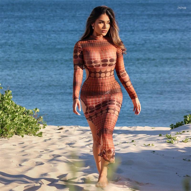 

Casual Dresses Cutubly Printing Cutout Sheer Mesh Dress Women Bodycon Party Clubwear Vestidos Sexy O Neck Long Sleeve Side Split Slim, Brown