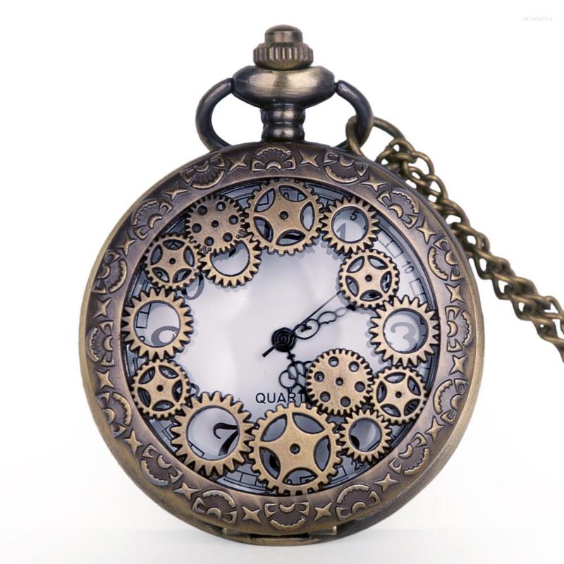

Pocket Watches Antique Quartz Vintage Bronze Gear Hollow Pendant Unisex Clock With Fob Chain For Men Women, Black