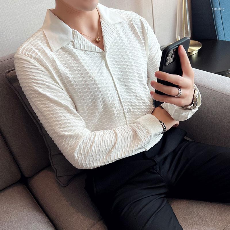 

Men's Casual Shirts 2022 Autumn 3D Pleating Men Long Sleeve Slim Fashion V-neck Business Dress Social Party Tuxedo, Black