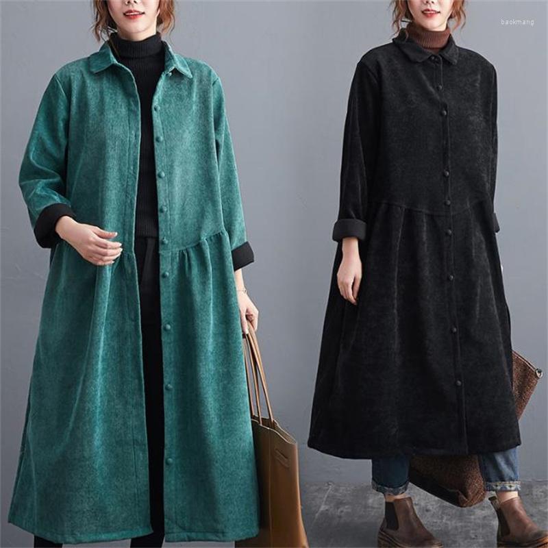 

Women's Trench Coats Corduroy Women's Windbreaker Jacket Velvet Thickening Autumn And Winter Long Over-the-knee Coat, Black