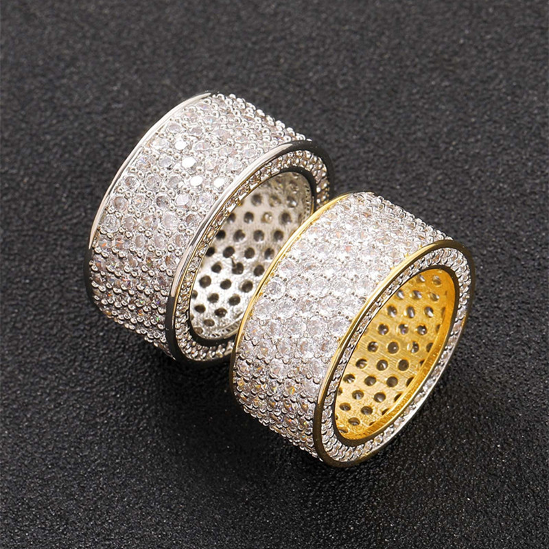 

Hip Hop Men Women Ring Yellow White Gold Plated Bling 5Rows CZ Ring for Party Wedding Jewelry Gift