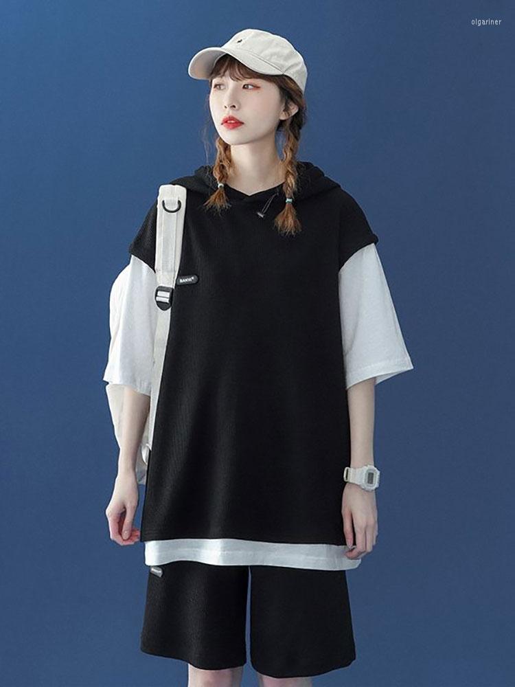 

Women' Tracksuits Fake Two-Piece Sports Sweatshirt Suit Women Summer Student 2022 Korean Fashion Patchwork Loose Short-sleeved Shorts Solid, Black