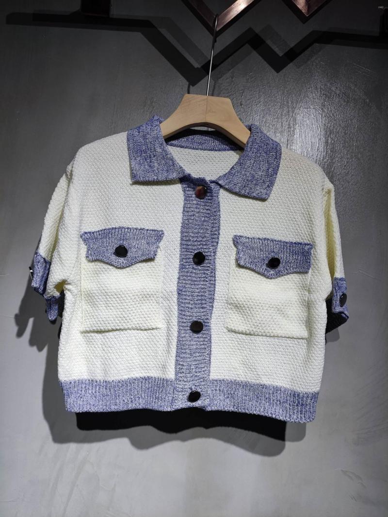 

Women' Knits 2022 Women Fashion Short Sleeve Sexy Colorblock Lapel Sweater 0802