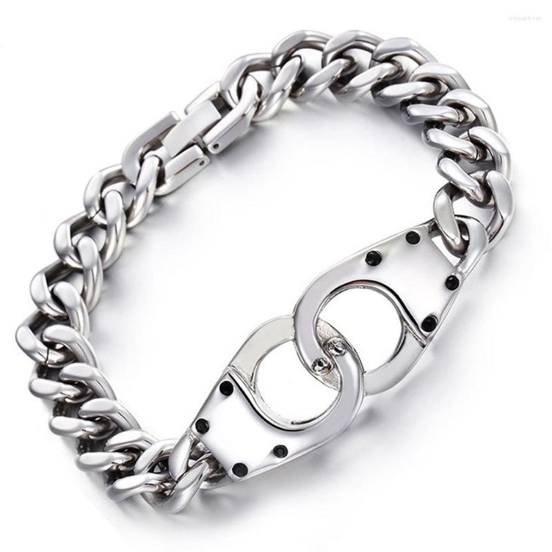 

Link Bracelets Cool Handcuffs Shape For Men Silver Color Stainless Steel Curb Chain Links Stylish Punk Male Pulseira