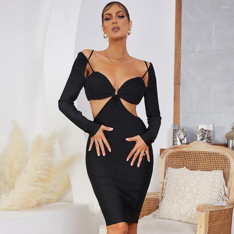 

Casual Dresses Sexy Spaghetti Strap Dress 2022 Hollow Out Women Bodycon Long Sleeve Bandages Clothes Club Party, Black