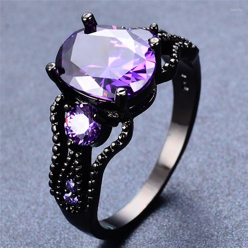 

Wedding Rings Trendy Female Purple Crystal Thin Ring Vintage 14KT Black Gold For Women Charm Oval Zircon Stone Engagement