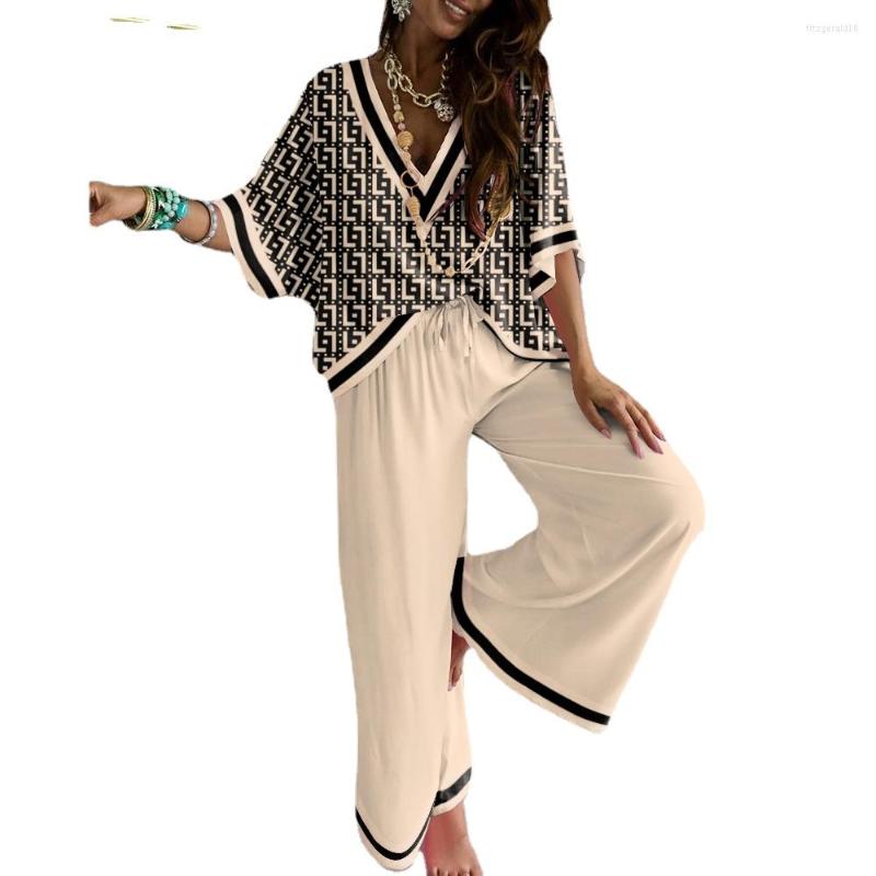 

Women' Two Piece Pants 2022 Women' Autumn Fashion Streetwear Pieces Set Geometric Print V Neck Batwing Sleeve Half Top And Casual, Black white