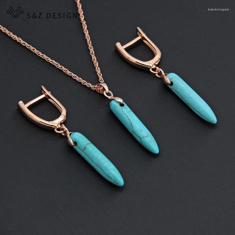 

Necklace Earrings Set S&Z 2022 Fashion Simple Vintage Synthetic Turquoises Dangle Jewelry 585 Rose Gold For Women Girl Party, Picture shown