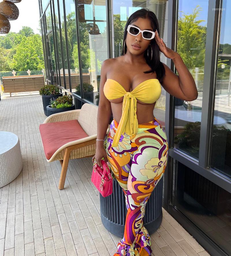 

Women' Two Piece Pants Women' Women Outfits Sexy Lace Up Tube Crop Top Prints Flare Skinny Club Sets Summer Casual Tracksuit Y2k, Pink set