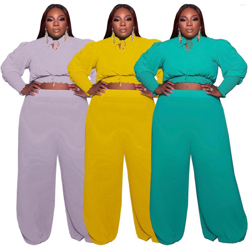 

Women's Two Piece Pants Zaggin 2022 Autumn Women Solid 3-color 2-piece Set Sexy Lace-up Collar Puff Sleeve Top Wide Leg Long Pant, Pink