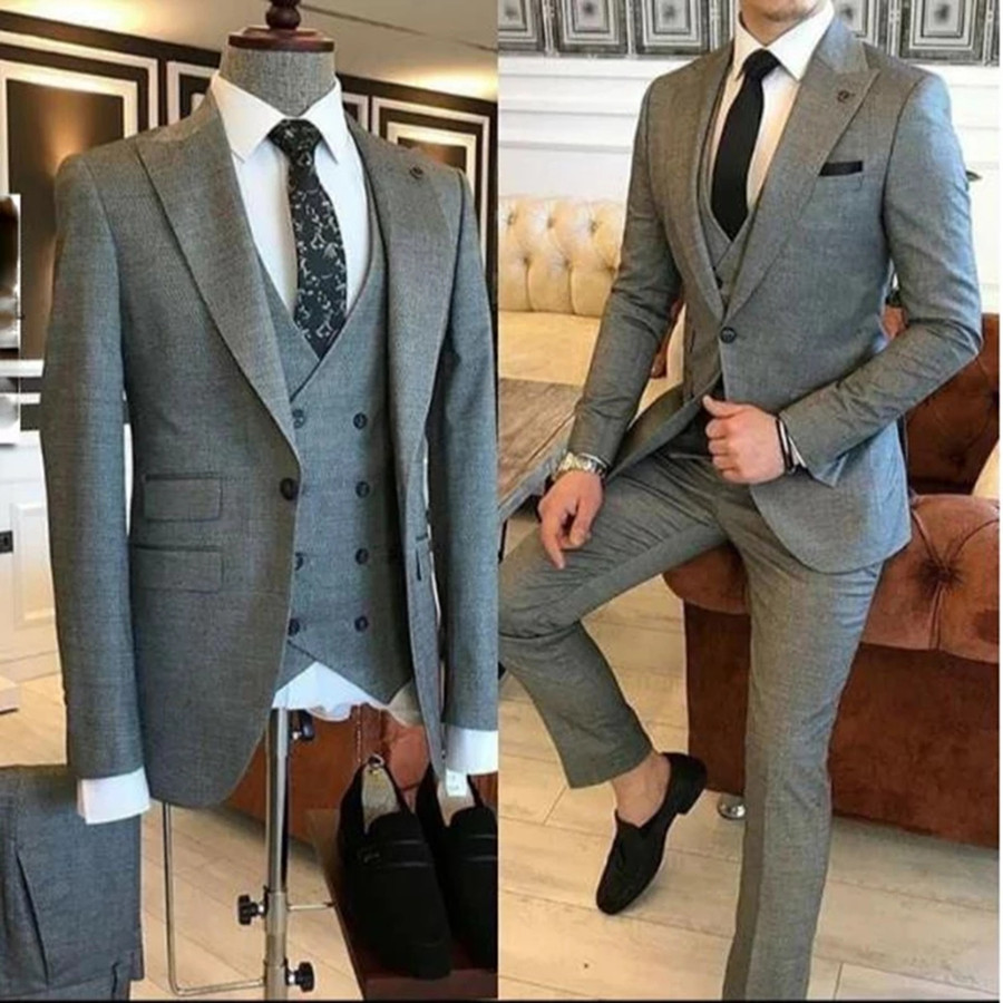 

Groom Wear 3 Pieces Gray Men Suits Tuxedos Slim Fit Peak Lapel One Button Tailor Made Terno Masculino Jacket Pants Vest, Light gray
