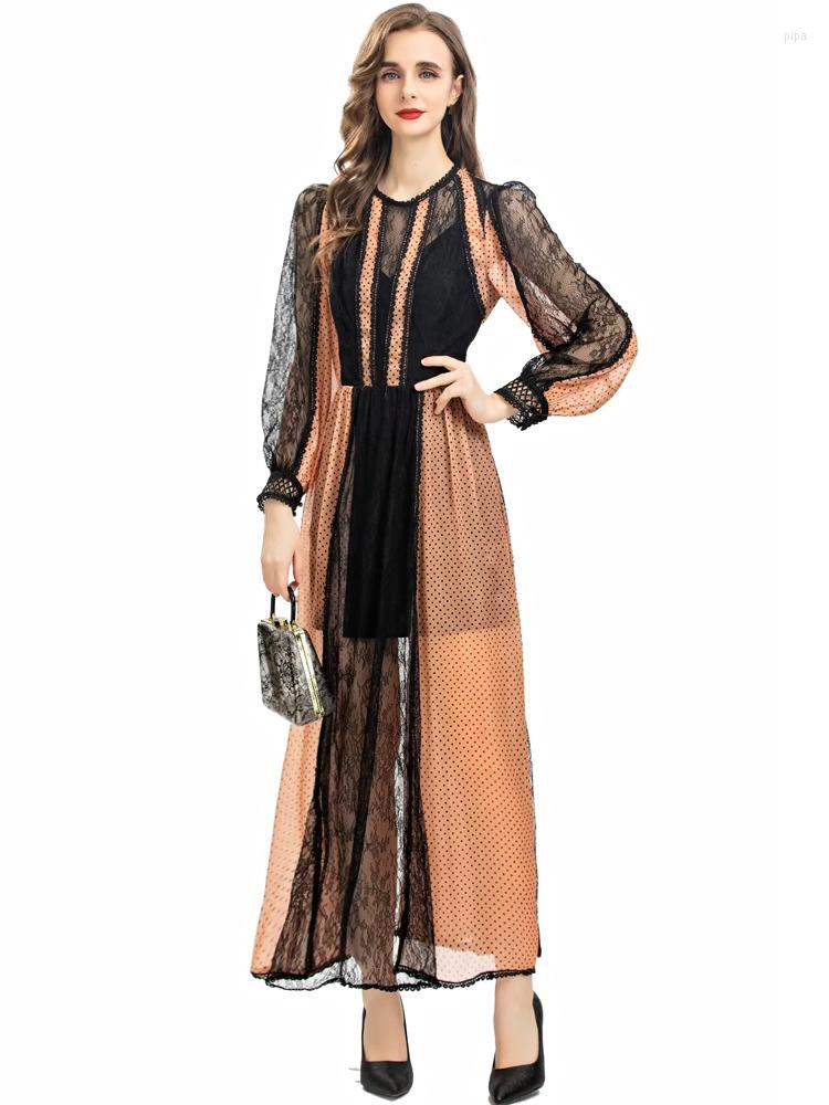 

Casual Dresses High Quality Women' Long Dress Spring Autumn Fashion Lace Patchwork Dot Print Sleeves Celebrity Party Elegant, Multi
