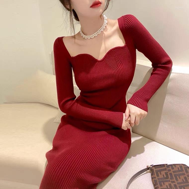 

Casual Dresses Knitted Dress Women' Autumn And Winter Style Temperament Mid-length Over-the-knee Slim Sweater Bottoming Skirt Red, Black