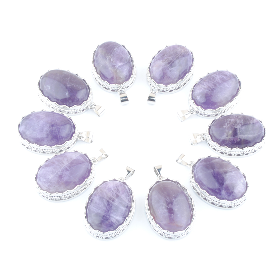 

Natural Raw Gem Stone Amethyst Pendants Oval Shape Bead Purple Crystal N3339