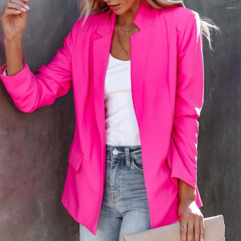 

Women's Suits Women Slim Blazer Coat Autumn Winter Casual Solid Color Long Sleeve Cardigan Office Ladies Elegant Straight Jackets Mujer, Rose red