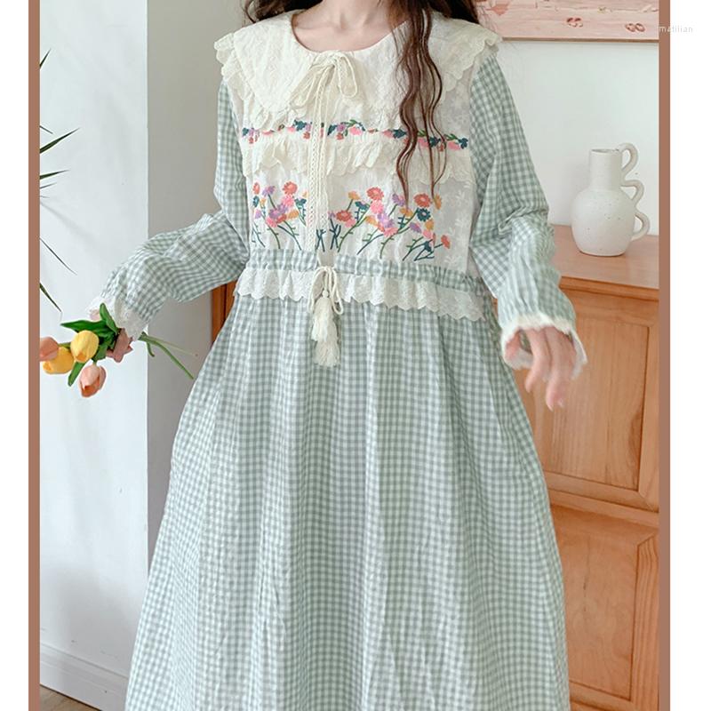 

Casual Dresses Bebobsons Fall Embroidered Flowers Long Sleeve Dress Women's Preppy Style Doll Collar Plaid Print Knee Length, Blue