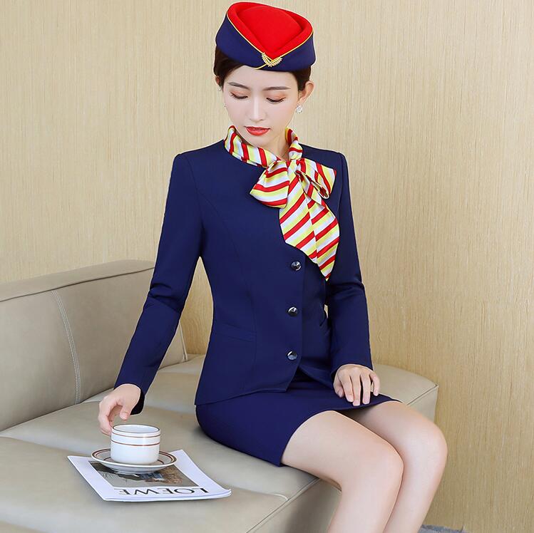 

Two Piece Dress Airline Hotel Front Desk Cashier Suit Female Flight Attendant Uniform Aviation Corporation Stewardess Catering Work Clothes, Blue coat skirt