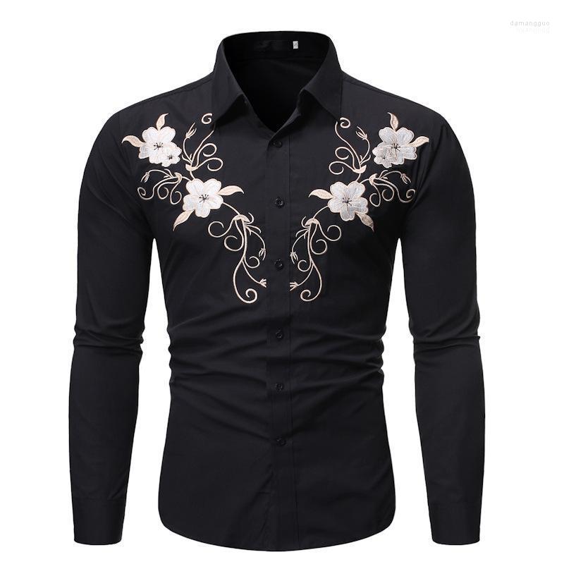 

Men' Casual Shirts Men' Long-sleeved Shirt Autumn Fashion Trend Flower Embroidery, Black