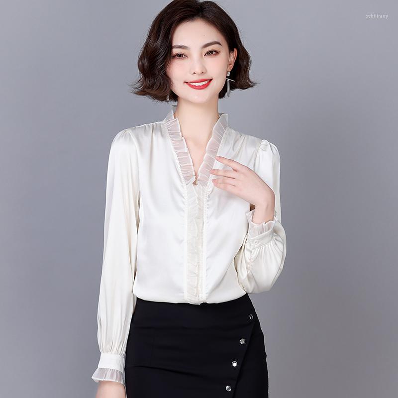 

Women' Blouses 2022 Spring Autumn Design French Fashion Women Clothing V-Neck Long Sleeve Office Lady Acetate SATIN White Casual Shirts