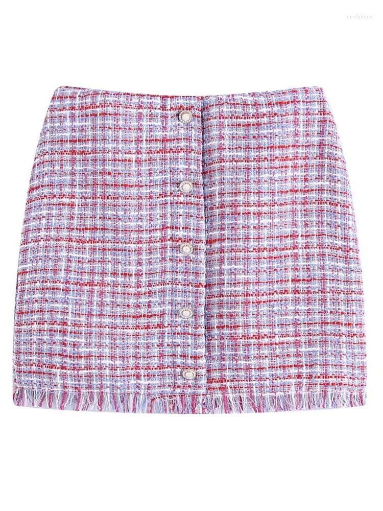 

Skirts ZXQJ Women 2022 Fashion Tweed Frayed Hem Faux Pearl Bead Buttons Mini Skirt Vintage High Waist Side Zipper Female Mujer, Picture shown