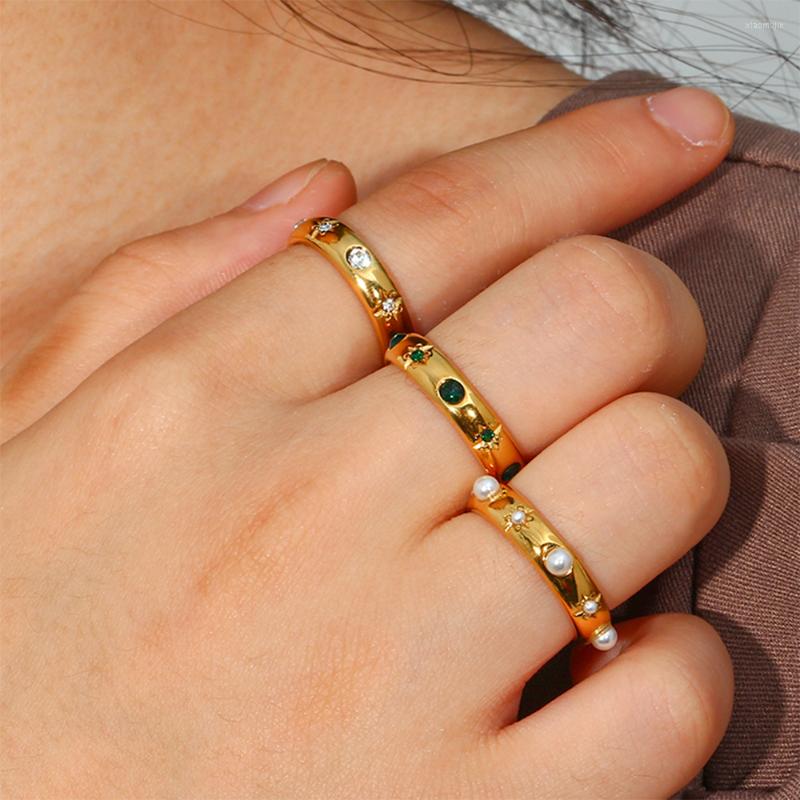 

Cluster Rings Lovely Inlaid Pearl Flower Zircon Star 18K Gold Plated Ring For Women High Quality Luxury Waterproof Finger Jewelry