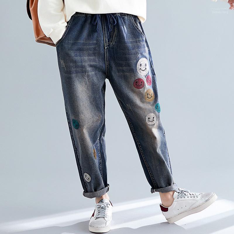 

Women's Jeans Women's Johnature Causal Denim Pants 2022 Spring Korean Embroidery Print Elastic Waist Loose Women Ankle-length, Blue