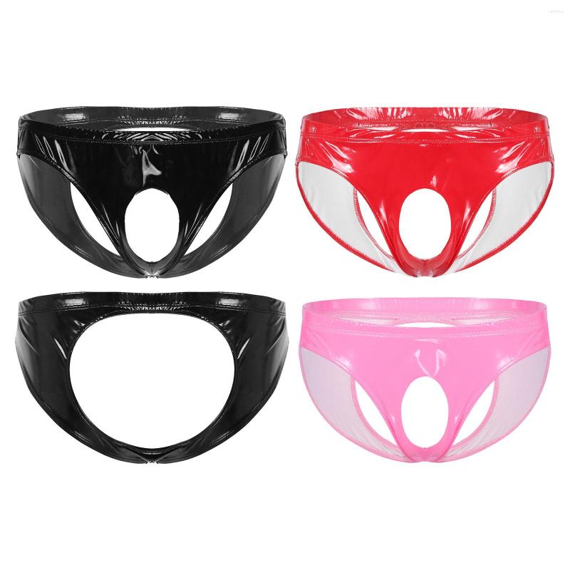 

Underpants Latex Lingerie Mans Underwear Wetlook Patent Leather Briefs Low Rise Crotchless Opent BuPanties Glossy Hollow Out, Black