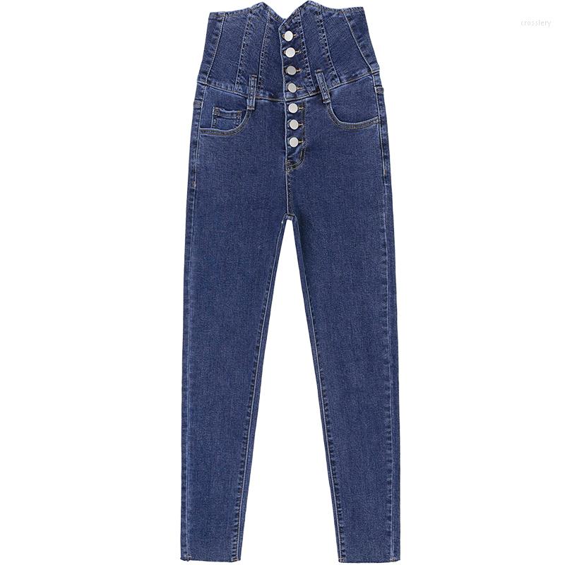 

Women' Jeans High Waist Women 7 Buttons Placket Slim Fit Long Legs Wrap Belly Hip Fashion Denim Trousers Normal Velvet Two Designs, Dark blue normal