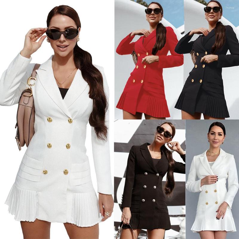 

Casual Dresses 2022 Autumn And Winter Lapel Waist Pleated Dress Temperament Commuter Women' Sexy Double-breasted A-line Coat, Black