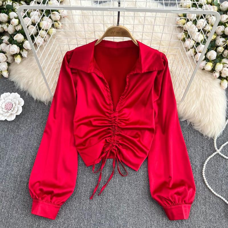 

Women's Blouses Autumn Design POLO Collar Puff Long Sleeve Pleated Slim Acetate Satin Shirt Women's Western Style Short Top, Beige