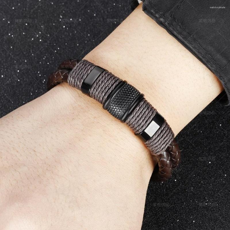 

Charm Bracelets Vintage Leather Rope Men's Bracelet Double Layer Stainless Steel Hand Braided Multilayer Bangle FemaleJewelry