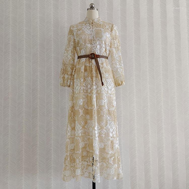 

Casual Dresses Flower Embroidery Women Ball Gown Lantern Sleeves Runway Fashion With Sashes Long Elegant Dress, Ivory