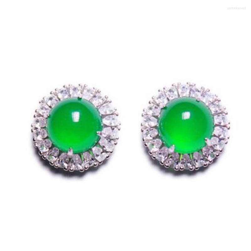 

Dangle Earrings Natural Stone Green Inlaid Chalcedony Agate Round Egg Surface Jade Stud