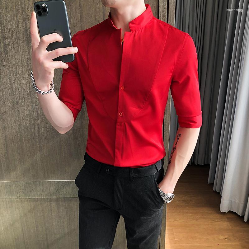 

Men's Casual Shirts Men's Chinese Style Luxury Men Stand Collar Solid Summer Business Shirt High Quality Social Slim Half Sleeve Mens, Black