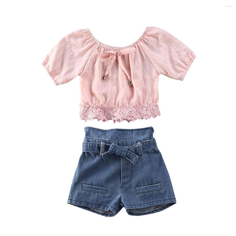 

Clothing Sets 2022 Baby Summer Toddler Kids Girls Off Shoulder Striped Lace T-shirt Tops Denim Skirt Shorts Outfits, Picture shown